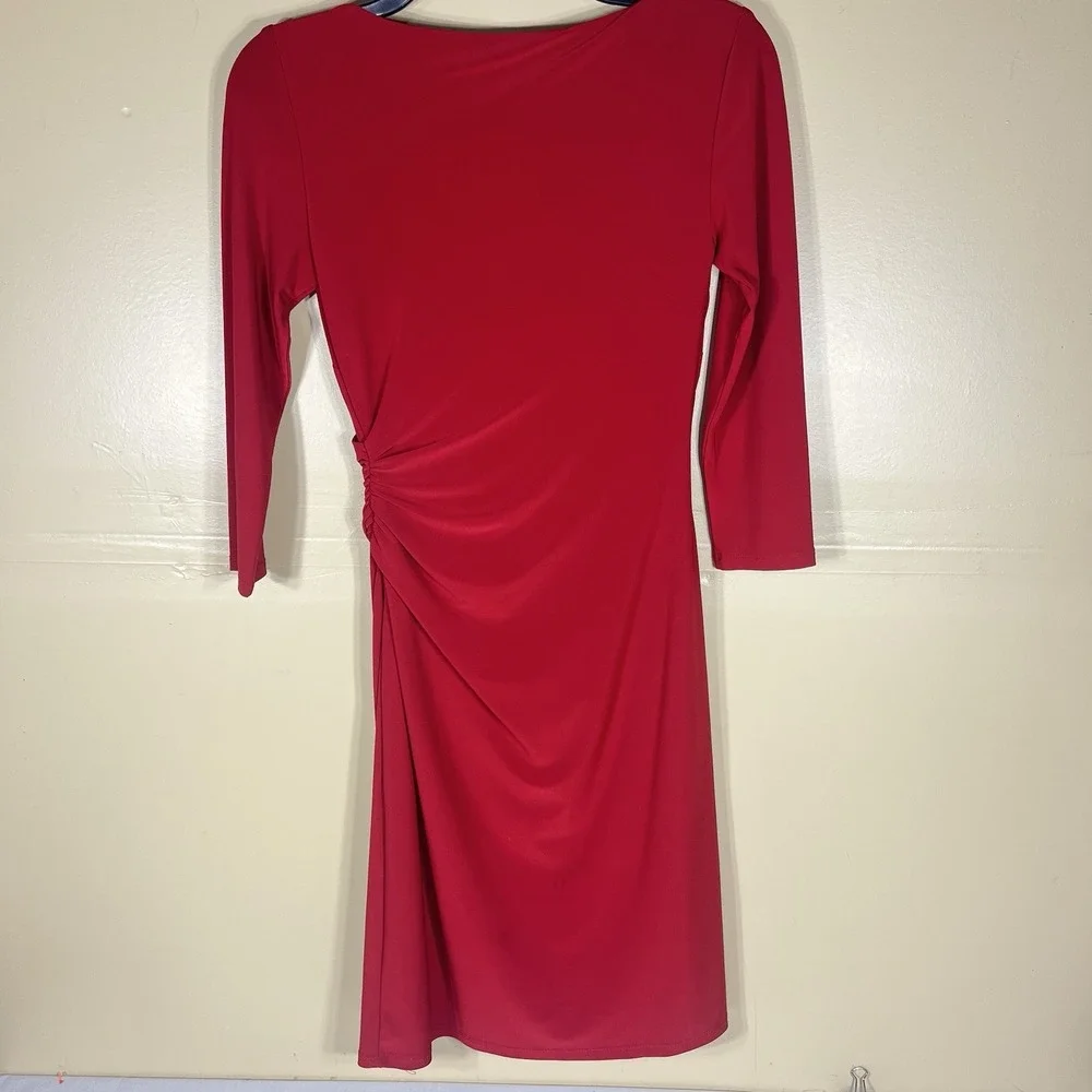 Lauren Ralph Lauren Dress Womens 2P Red Ruched Ruffle Sheath Midi 3/4 Sleeve